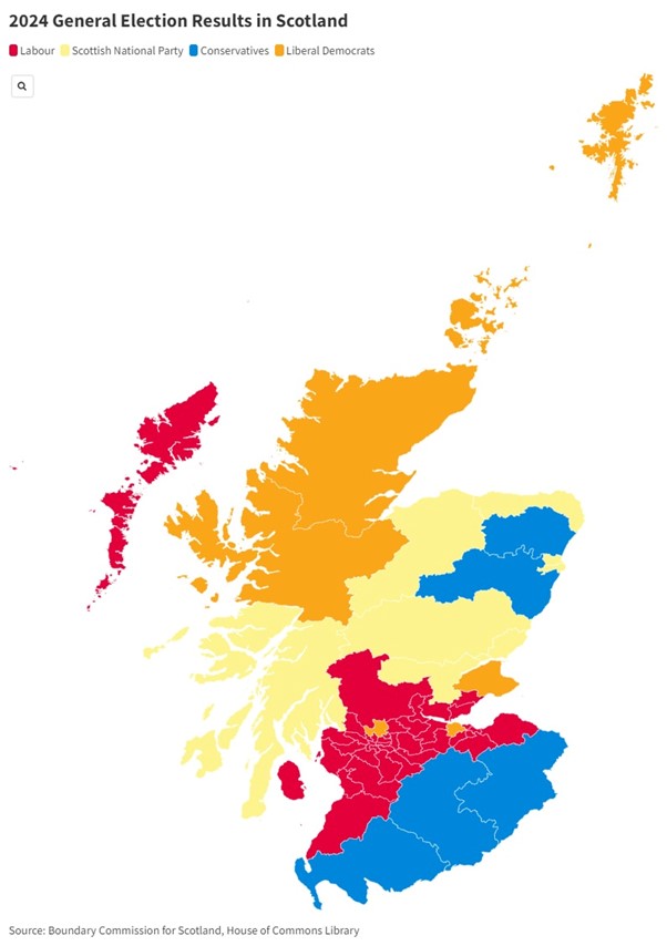A map of the 2024 General Election results in Scotland