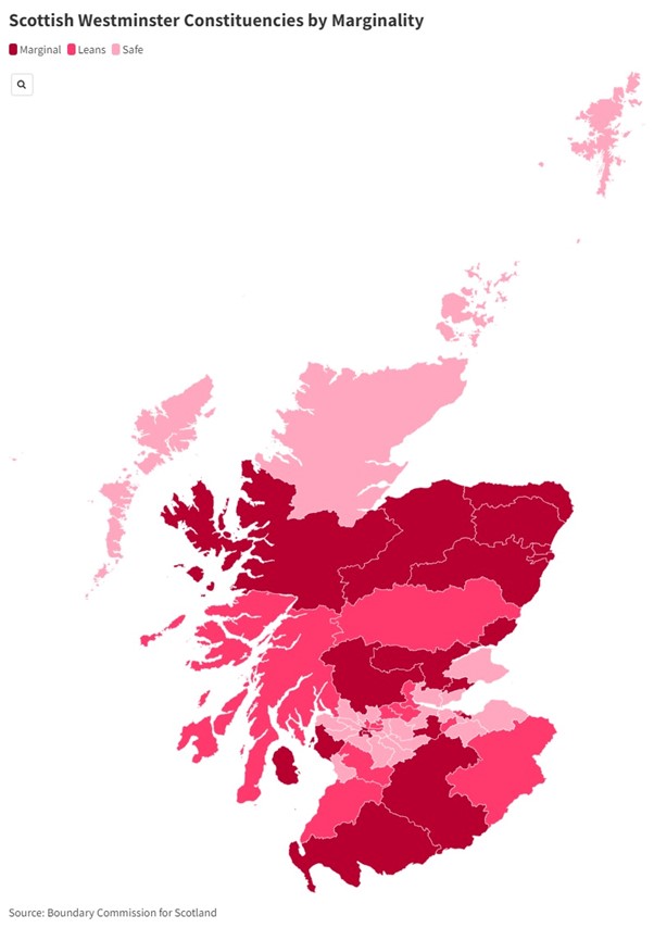 A map of Scottish Westminster Constituencies by Marginality