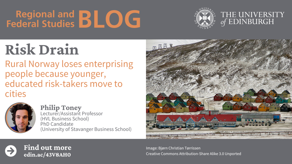 Rural Norway loses enterprising people because younger, educated risk-takers move to cities. With an image of a rural Norwegian village.  