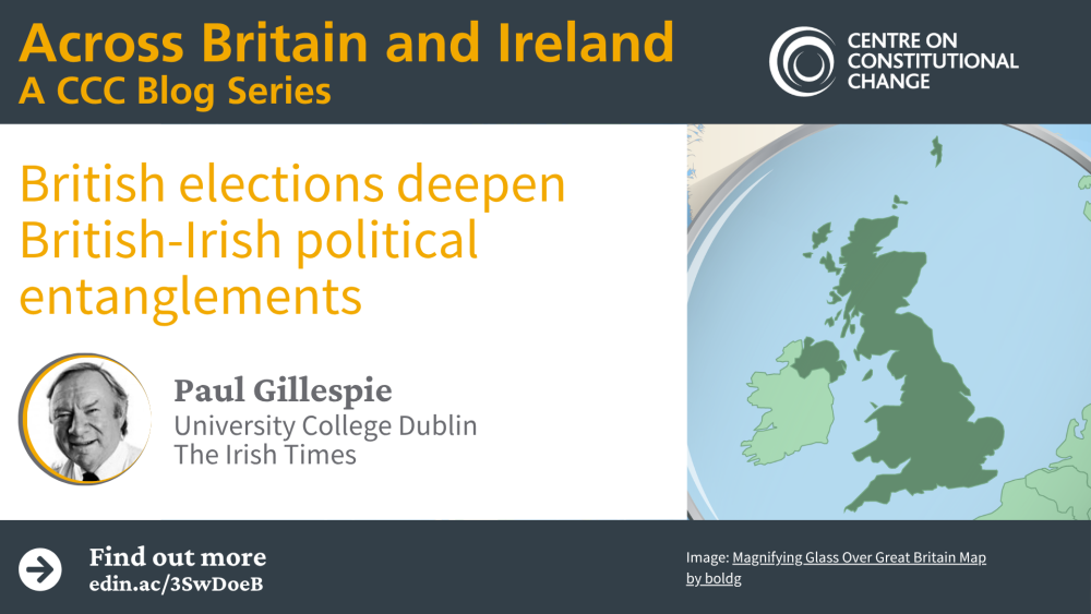 Image of Britain and Ireland viewed through a magnifying glass and a photo of the author