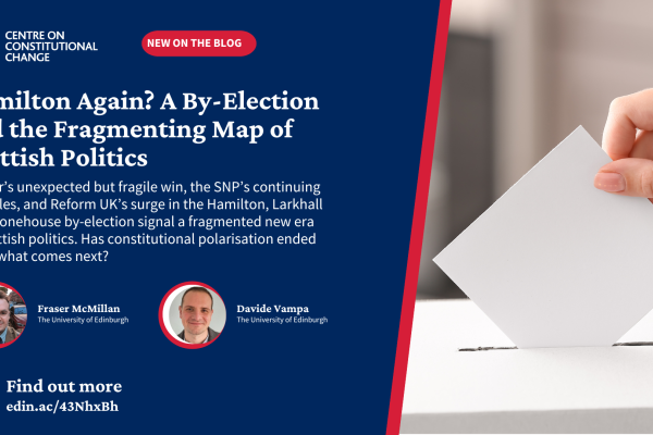 Text reads: Hamilton Again? A By-Election and the Fragmenting Map of Scottish Politics. Labour’s unexpected but fragile win, the SNP’s continuing struggles, and Reform UK’s surge in the Hamilton, Larkhall and Stonehouse by-election signal a fragmented new era in Scottish politics. Has constitutional polarisation ended – and what comes next?
